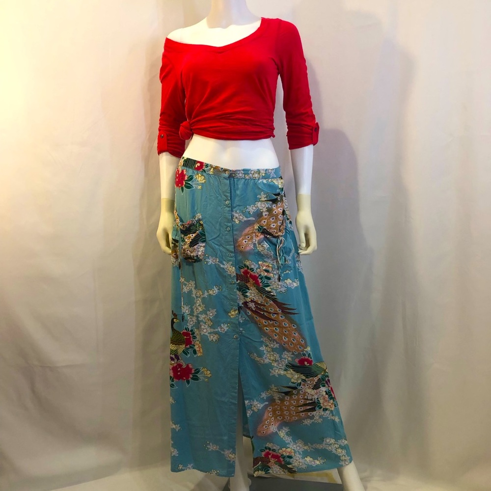 Button Front, Peacock Print Maxi Skirt w Pockets, Size S